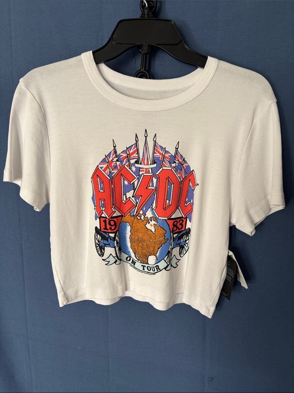 AC/DC White Crop Tour Graphic Tee with Red and Blue Logo